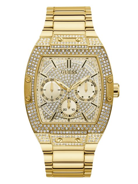 An oversized stunner, this watch is made in allover gold-tone with crystals embedded around the barrel shaped case. Case diameter in mm: 43 x 51  Water resistant up to 50M/165FT  2 year limited warranty Stainless Steel Bracelet Men, Guess Watch, Gents Watches, Guess Men, Mens Trends, Mens Gold, Gold Case, Watches Jewelry, Steel Bracelet