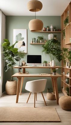 Office Aesthetic Green, Earthy Tones Office, Natural Office Decor, Office Ideas Green, Sage Home Office, Earth Tone Office, Relaxing Office Space Ideas, Natural Office Design, Light Green Office