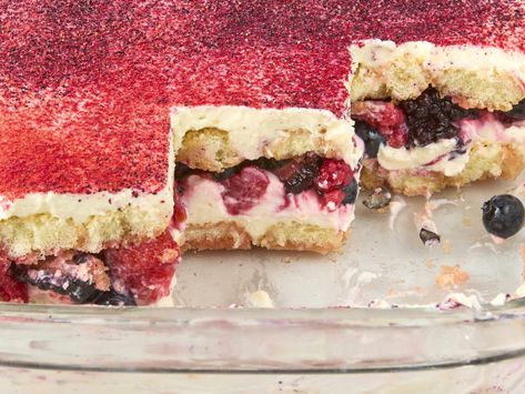 angled shot of the berry chantilly tiramisu in a baking dish with a few slices taken out of it. Easy Fourth Of July Desserts, Fourth Of July Desserts, Whole Foods Cake, Berry Tiramisu, Berry Chantilly Cake, Chantilly Cake, Lady Finger Cookies, July Desserts, Waffle Cookies