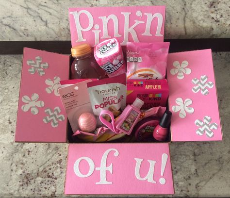 Pink'n of you! Bff Birthday Gift, Bff Birthday, College Care Package, Cute Birthday Gift, Care Packages, Military Wife, Birthday Gifts For Best Friend, Pink Box, Bff Gifts