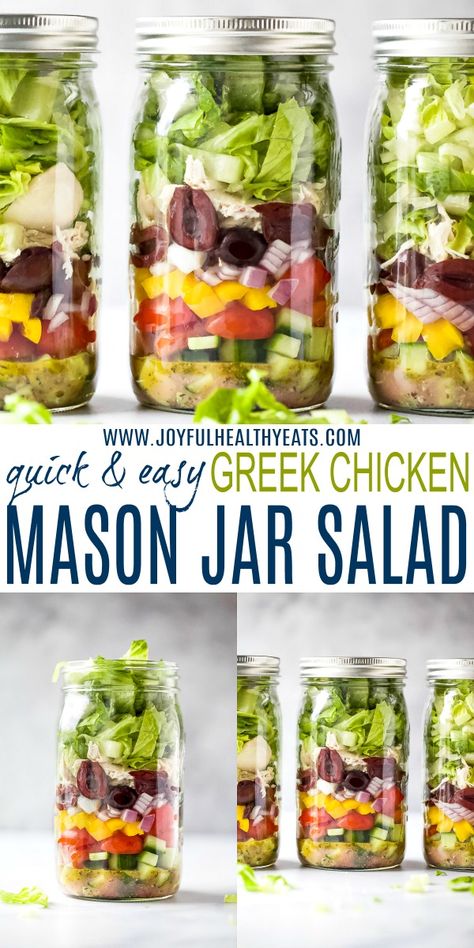 Salads In A Jar Recipes Greek, Meal Prep Greek Salad, Mediterranean Diet Mason Jar Salads, Jar Dinners Mason, Salad Prep Jars, Chicken Salad Jar Recipe, Greek Salad Mason Jar, Mediterranean Mason Jar Salad, Make Ahead Refrigerator Meals