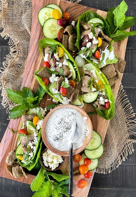 Gyros Lettuce Wraps Loaf Pan Chicken, Low Carb Pizza Crust, Chicken Loaf, Chicken Gyro Recipe, Gyro Recipe, Marinated Chicken Thighs, Pizza Appetizers, Mediterranean Spices, Chicken Gyros