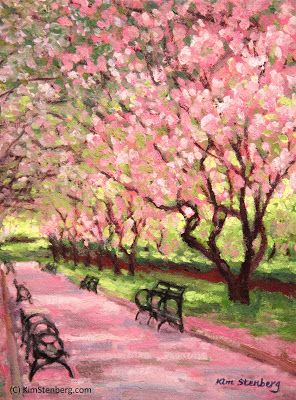 Kim Stenberg's Painting Journal: "Central Park Spring" (oil on stretched canvas Central Park Spring, Painting Journal, Park Painting, New York City Central Park, Spring Drawing, Tree Tunnel, Cherry Blossom Painting, Impressionistic Art, Monet Paintings