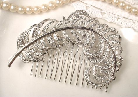 1920s Downton Abbey Feather Hair Comb, Vintage Rhinestone Leaf Headpiece, Art Deco Clear Crystal Silver Plume Accessory, Large Head Piece 1920s Downton Abbey, Headpiece Art, Feather Hair Comb, Leaf Headpiece, Art Deco Hair, Rhinestone Headpiece, Vintage Rhinestone Jewelry, Vintage Hair Combs, Lady Mary