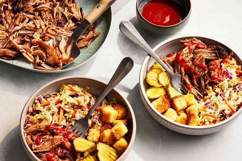 Mix all your barbecue favorites into one flavor-packed bowl. These Pulled Pork Bowls can be made with smoked chicken or brisket for a weeknight dinner. Barbecue Pork Bowls Southern Living, Yummy Bowls, Pork Bowls, Concrete Refinishing, Meal Bowls, Cornbread Croutons, Homemade Slaw, Pork Dinners, Bowl Meals