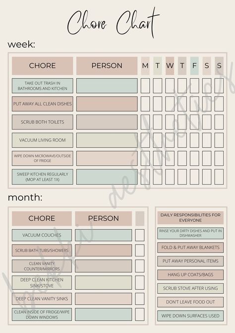 Chore chart for roommates, family, kids, etc.  Great way to keep your apartment or home organized and easily delegate responsibilities! Chore Baskets For Kids, House Cleaning Schedule For Family, Chore Wheel For Family Free, Roommates Weekly Chore Chart, House Rules For Roommates Bedroom, House Chore Schedule Family, House Chores List For Family, Chore List For College Roommates, Chore Chart For Roommates