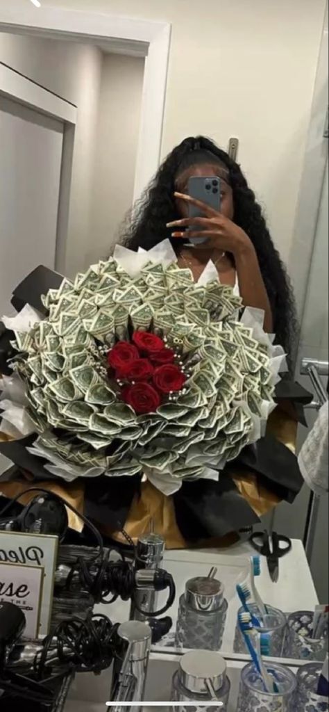 Money rose built in for a flower Roses Bouquet With Money, Stay Private Keep Them Guessing, Black Girls Luxury, Money Rose Bouquet, Pinterest Flowers, Stay Private, Keep Them Guessing, Wrapping Money, Black Girls Luxury Lifestyle