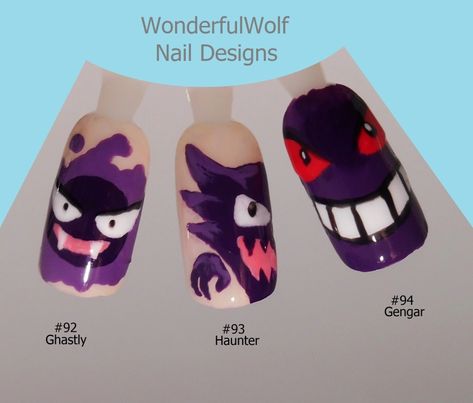 Pokemon Nails Gengar, Gengar Nail Art, Gengar Nails, Pokemon Nail Art, Art Pokémon, Mini Canvases, Pokemon Theme, Kawaii Nails, 3d Nail