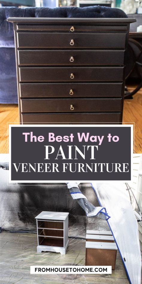 Learn how to paint veneer furniture with this step-by-step tutorial. It's easier to do this furniture makeover than it might seem! Paint Veneer Furniture, Painting Veneer Furniture, Painting Veneer, Furniture Makeover Ideas, Veneer Furniture, Furniture Refurbishing, How To Spray Paint, Spray Paint Furniture, Painting Laminate