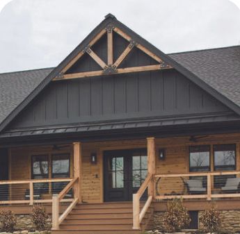 Log Cabin Exterior, Fiberglass Exterior Doors, Cabin Exterior, Fiberglass Door, Exterior Makeover, House Siding, Barn Style House, Doors And Windows, Windows Doors