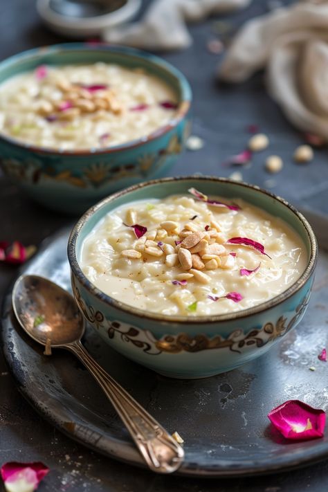 Discover the rich and creamy flavors of Indian rice pudding with this easy kheer recipe. This traditional Indian dessert is made with simple ingredients that you probably already have in your kitchen. Treat yourself to a delicious bowl of this sweet and comforting treat that's perfect for any occasion. Follow our step-by-step instructions to create the perfect kheer that will impress your family and friends. Kheer Rice Pudding, Kheer Food Photography, Sopapilla Recipe, Indian Rice Pudding, Sweets Photography, Rice Kheer, Indian Food Photography, Kheer Recipe, Indian Rice