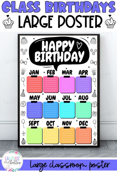 Celebrate and showcase your student's birthdays on this CLASS BIRTHDAY POSTER! Print it out, laminate it and use a dry erase marker to write out each student's birthday under their month. It is so important to celebrate your students in any way you can. Have this poster posted in your room to keep track of birthdays and allow students to see which birthday's are coming up :). Student birthdays appreciate classroom poster happy birthday inclusive welcoming environment positve months days special Happy Birthday Chart, Birthday Chart Classroom, Happy Birthday Month, Happy Birthday Jan, Printable Classroom Posters, School Art Activities, Class Birthdays, Class Displays, Student Birthdays