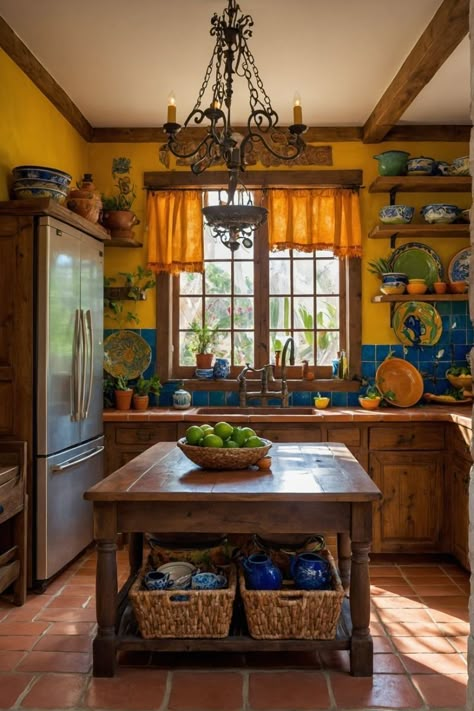 Mexican Talavera Tile Kitchen, Mexican Rustic Kitchen, Colorful Mexican Kitchen, Talavera Tile Backsplash, Hacienda Style Homes Mexican Kitchen, Mexican House Interior, Adobe Kitchen, Talavera House, Dr Apartment