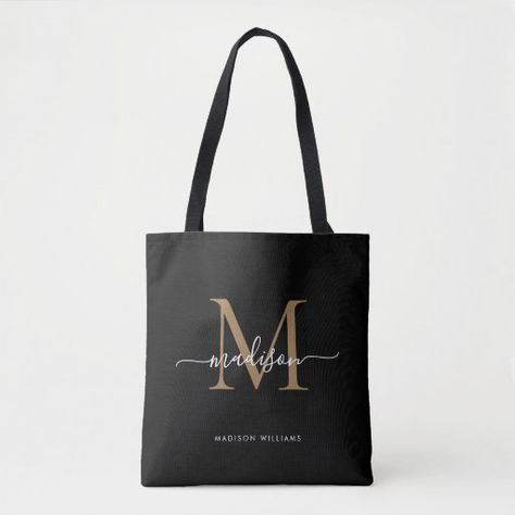 Modern Black Gold Monogram Script Name Initial Tote Bag Souvenir Ideas Wedding, Cricut Bags, Initial Tote Bag, Plotter Machine, Personalised Jute Bags, Funny Bags, Gold Tote Bag, Bag Names, Diy Bags