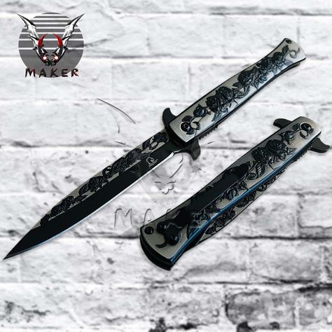 Here at the VuMaker, create masterpieces For more great holiday apparel, please visit our shop: https://www.etsy.com/shop/VuMaker Black Rose Engraved Fantasy Stiletto Knife 9" Spring Assisted Folding Knife for Hunting, Gift for Father, Boyfriend, Christmas - VuMaker-892 Handle Detail: 5" Black Titanium Coated Stainless Steel Handle with 3D Rose Engraving. Blade Detail: 4" Black Titanium Coated Stainless Steel Needle Point Blade with Rose Engraving.. Overall: 9 inches Spring Assisted Open Blade F Cool Custom Knifes, Rose Engraving, Knife Aesthetic, Stiletto Knife, Cool Pocket Knives, Boyfriend Christmas, Pretty Knives, Butterfly Knife, Knife Gifts