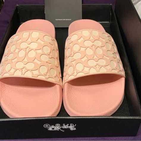 Nib Authentic Coach Slides Style No: G5252 11001677 Coach Slides For Spring, Coach Casual Slides With Cushioned Footbed, Pink Coach Slides, Pink Coach Sandals, Coach Summer Synthetic Slides, Girly Sandals, Coach Slides, Luxury Slides, Coach Sandals