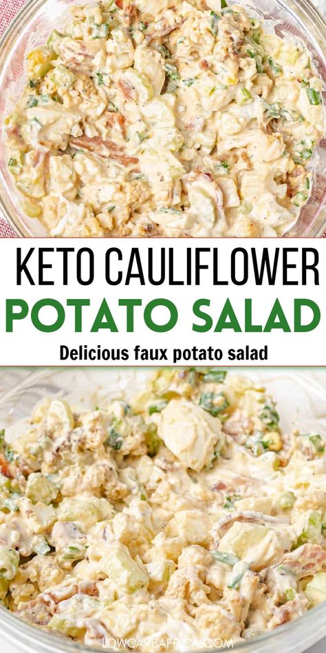 A delicious keto potato salad to have a side dish or as a stand alone dish. This faux potato salad loaded with veggies and a creamy dressing. Faux Potato Salad, Potato Salad Loaded, Keto Potato Salad, Cauliflower Potato Salad, Low Carb Potatoes, Cauliflower Potatoes Salad, Potato Salad Dressing, Bacon Potato Salad, Creamy Dressing