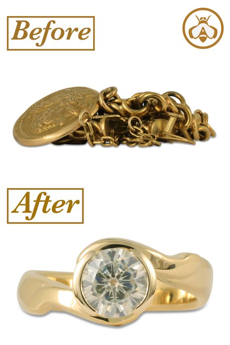 This customer came to us with some old gold scrap, as well as an inherited 1.8 carat diamond. We melted down the gold and reset the diamond into the ring shown in the "before" image. While this ring is based on one of our own designs, we're always happy to work with you to create something entirely unique! Repurposing old gold into a new wedding ring also saves you $$$! Find out more or get in touch at the link. Ring Remodelling Ideas, Wedding Ring Redesign, New Wedding Ring, Gold Jewelry Ideas, Melting Gold, Ring Redesign, Family Jewels, Wedding Necklace, Jewelry Ideas