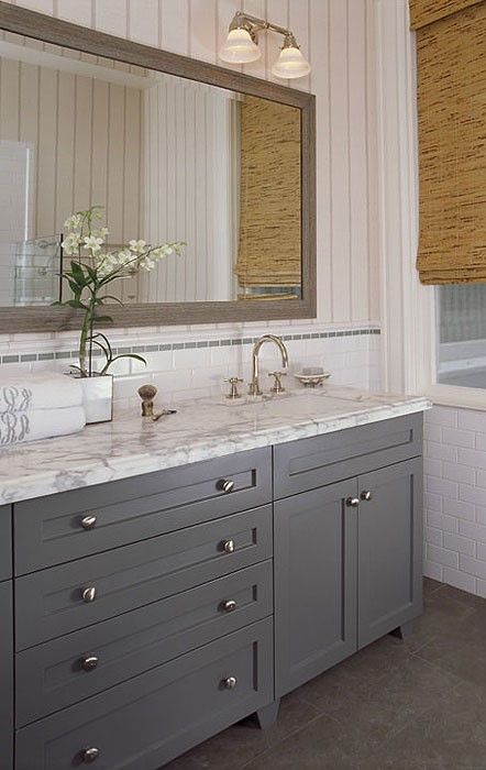 Full overlay, paint grade, Shaker style bathroom vanity cabinet in slate gray satin lacquer for a client in the Avalon area. Grey Bathroom Cabinets, Bathroom Grey, Idea Paint, Grey Bathroom Furniture, Grey Bathroom Vanity, Gray Vanity, Marble Bath, Grey Bathroom, Cottage Bathroom