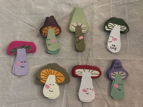 I was inpsired by a tmublr post I saw on pinterest! #RA #doordecs #Mushrooms #dorm Cute Nametag Ideas For School, Mushroom Name Tags, Flower Door Decs Ra, Door Decs Dorm, Mushroom Bulletin Board Ideas, College Door Decs Resident Assistant, Mushroom Door Decs, Door Decs For Ra, Door Decs Ra Spring