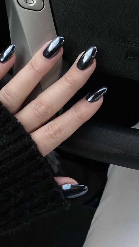 30+ Chrome for Nails Inspo — Topknots and Pearls Black Matalic Nails Color, Black Chrome Powder Nails, Black Chrome French Tip Nails Square, Almond Black Chrome Nails, Metalic Nails Aesthetic, Black Nails With Pearl Chrome, Dual Chrome Nails, Pearly Black Nails, Charcoal Chrome Nails