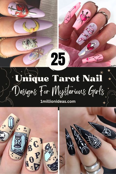 Tarot Card Nail Design, Witchy Nail Art Short Nails, Metaphysical Nail Designs, Nail Designs Spiritual, Spiritual Nails Designs Acrylic, Nails Acrylic Witchy, Tarot Nails Acrylic, Tarot Nails Art, Mystical Nail Art