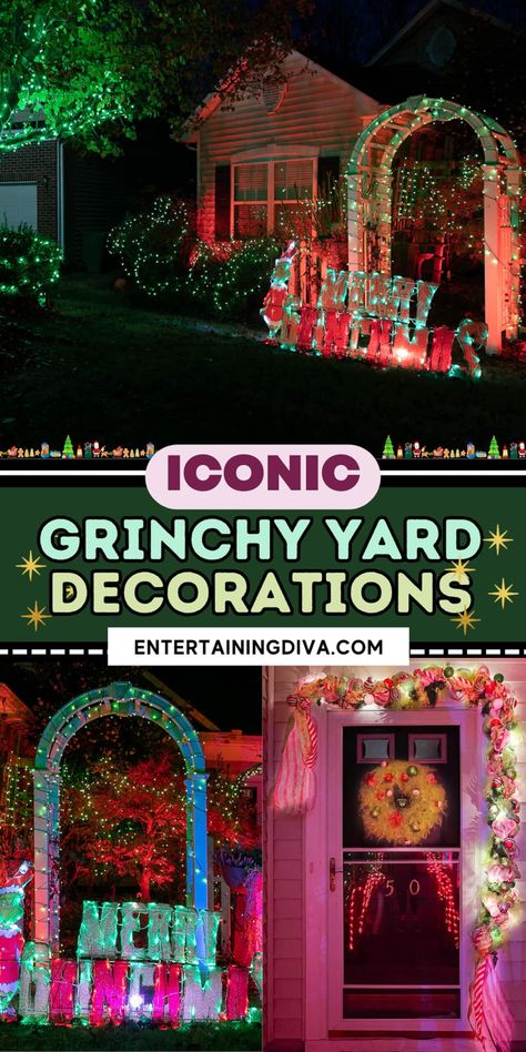 12 Awesome Grinch Outdoor Christmas Decor Ideas | Christmas Party Ideas Grinch Christmas Lights Outdoor House, Grinch Lawn Decoration, Outdoor Grinch Lights, Grinch Christmas Float Ideas, Grinch Outdoor Decor, Grinch Stealing Christmas Lights Off House, Outdoor Lights Grinch, Grinch Christmas Lights, Grinch Stealing Lights