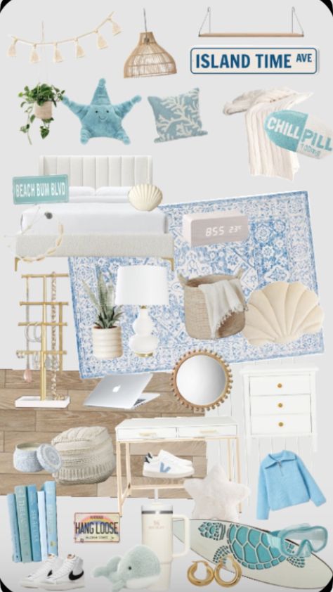 #roominspo #preppy #beachroom #beachaesthetic Blue Aesthetic Bed, Enya Room, Preppy Beach Bedroom, Beachy Room Aesthetic, Coastal Preppy Bedroom, Aesthetic Desks, Surf Room Decor, Coastal Room Decor, Ocean Room Decor