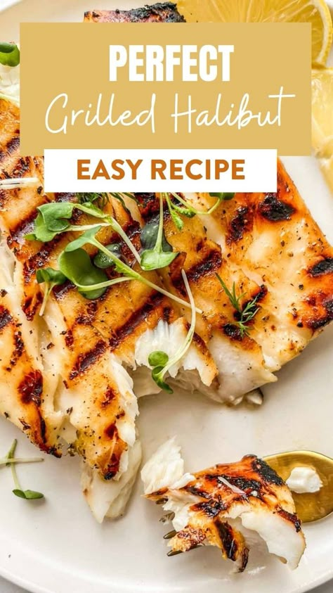 This grilled halibut includes a buttery-garlic mixture with just a bit of honey that gives this fish a lovely flavor profile. This recipe doesn't involve much prep time, and you're going to love the flavor of halibut cooked on a grill. Get this easy grilled fish recipe now! Mediterranean Grilled Fish, Halibut On The Traeger, Healthy Halibut Recipes Clean Eating, Grilled Halibut Recipes Foil Packets, Grilled Basa Fish Recipes, Bbq Halibut, Halibut Fish Recipes, Best Fish To Grill, Teriyaki Halibut