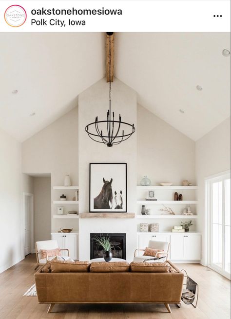 Oakstone Homes, Ceiling Beams Living Room, Beams Living Room, Vaulted Ceiling Living Room, Pitched Ceiling, Built In Shelves Living Room, New House Living Room, Living Room Built Ins, Fireplace Built Ins