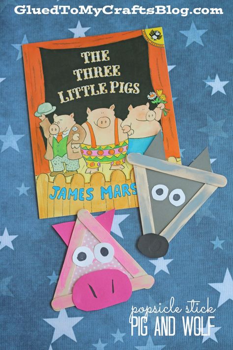 Popsicle Stick Three Little Pigs and Wolf - Kid Craft Fairy Tales Preschool, 3 Pigs, Wolf Craft, Fairy Tale Activities, Fairy Tale Crafts, Wolf Kids, The Three Little Pigs, Fairy Tale Theme, Traditional Tales