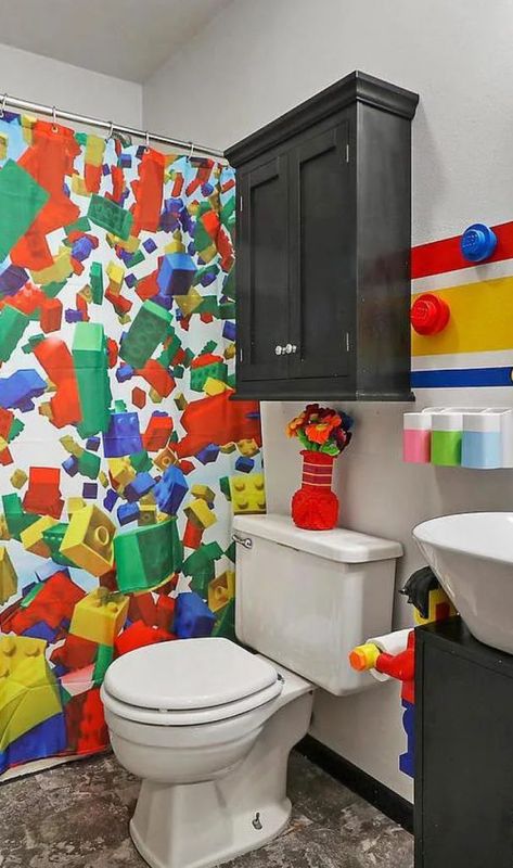 Lego Theme Bathroom, Lego Curtains, Lego Bathroom Ideas, Lego Costume Diy, Bathroom Ideas For Kids, Lego Soap, Lego Bathroom, Boys Bathroom Decor