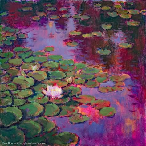 Artist: Vera Bondare Nature Concept Art, Pond Paintings, Water Lotus, Cute Collages, Water Lilies Painting, Pond Painting, Impressionistic Art, Art Periods, Painting Trees