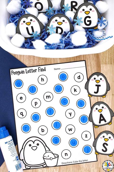 Snow Literacy Activities Preschool, Penguin Centers Preschool, Winter Letter Recognition Activities, Penguin Literacy Activities Preschool, Penguin Learning Activities Preschool, Arctic Animal Theme Preschool, Snow Day Preschool Activities, Penguin Preschool Theme, Penguin Sensory Activity