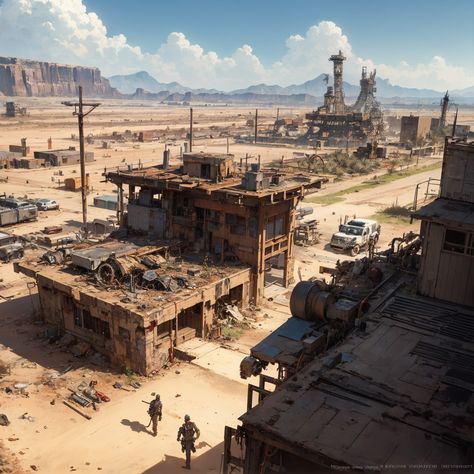 Post Apocalyptic Australia, Fallout Wasteland Art, Fallout Environment Concept Art, Post Apocalyptic Fantasy Art, Desertpunk Aesthetic, Post Apocalyptic Village, Apocalypse Architecture, Post Apocalypse Landscape, Post Apocalyptic Town