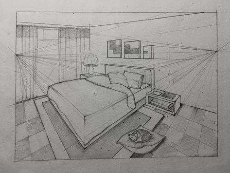 Architecture Room Drawing, Bedroom Perspective Drawing Two Point, Bedroom In Perspective, Easy 2 Point Perspective Drawing, Interior Space Sketch, Room Perspective Drawing Interior Design, Bedroom Sketch Perspective, Room Drawing Perspective, Two Point Perspective Drawing Interior