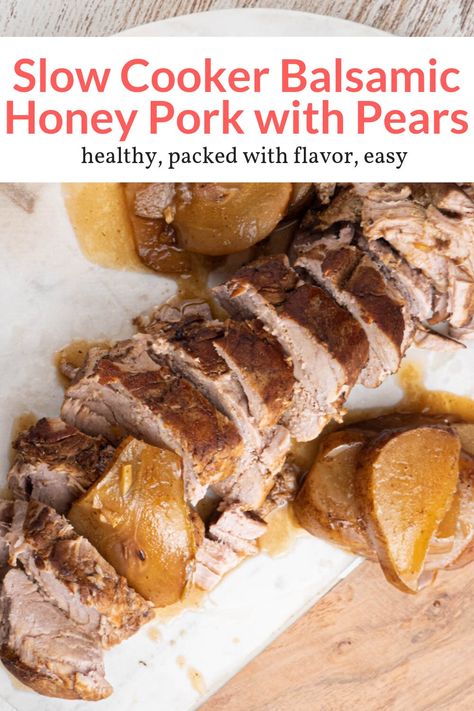 This delicious crockpot pork tenderloin is cooked with honey, balsamic vinegar, rosemary, soy sauce, and pears for a healthy and comforting meal that tastes amazing. This healthy recipe from Slender Kitchen has 4 Weight Watchers Freestyle SmartPoints and is gluten free and low carb. #dinner #holiday #kidfriendly Honey Pork Tenderloin, Cooking With Honey, Balsamic Pork Tenderloins, Ww Dinner, Fmd Recipes, Crockpot Pork Tenderloin, Honey Pork, Ww Meals, Balsamic Pork