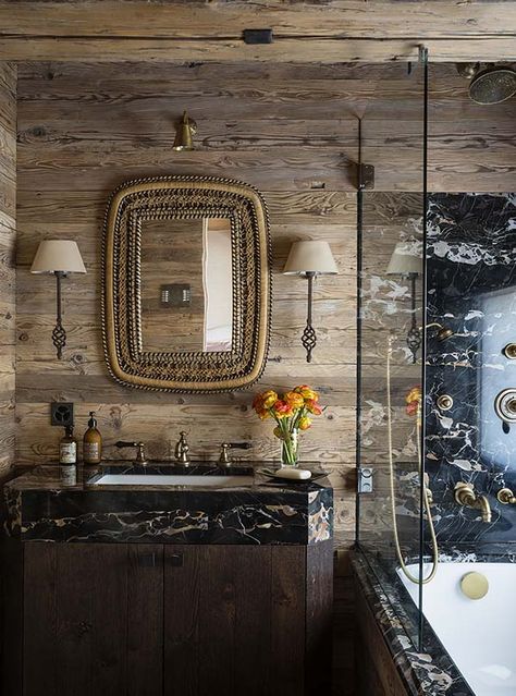 Sumptuous ski chalet in the mountains of Switzerland Ski Chalet Bathroom, Chalet Bathroom, Louise Jones, Alpine Chalet, Swiss Chalet, Ski Chalet, Wood Interiors, Swiss Alps, Cabins In The Woods