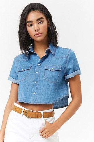 Crop Denim Shirt, Long Sleeve Tops For Women, Sweaters Short, Summer Fashion For Teens, Denim Ideas, Summer Fashion Beach, 21 Dress, Blouse Jeans, Chambray Top