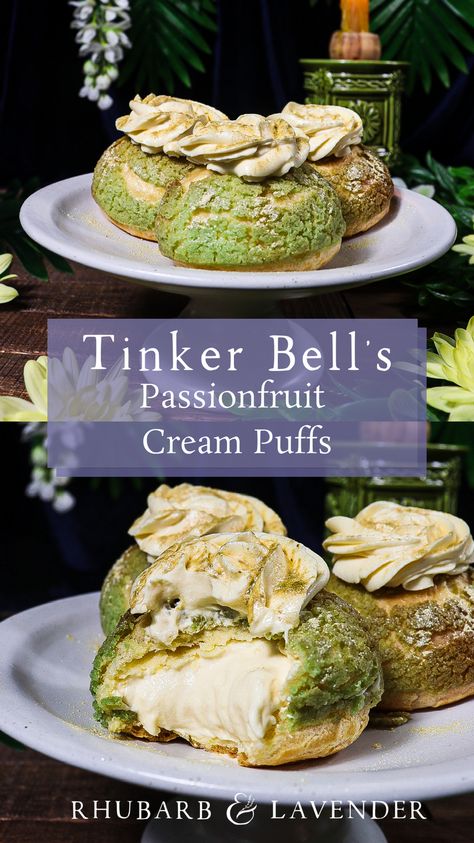 Celebrate the magical and mischievous Tinker Bell with delicate passionfruit cream puffs! Inspired by Tinker Bell's passionate, and sometimes spiteful, nature these cream puffs are flavoured with passionfruit, bringing out the sweet tropical flavours of Neverland. Each cream puff is topped with green crisp craquelin and sprinkled with fairy dust. Perfect for a Peter Pan or Disney themed party! Fruits Dessert Recipes, Fairy Tale Recipes, Passion Fruit Cookies, Bridgerton Food Recipes, Elegant Dessert Recipes, Bakeoff Ideas, Fantasy Sweets, Fairy Themed Food, Fairy Desserts