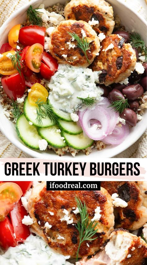 These healthy Greek Turkey Burgers are juicy, packed with flavor and protein, and ready in just 30 minutes! Enjoy them over salads or in a bun. Greek Style Turkey Burgers, Ground Turkey Boats, Mediterranean Diet Turkey Recipes, Greek Turkey Meatballs With Tzatziki, Turkey Greek Bowl, Greek Burgers Turkey, High Protein Turkey Burgers, Greek Burger Bowl, Turkey Burger Bowls Recipe