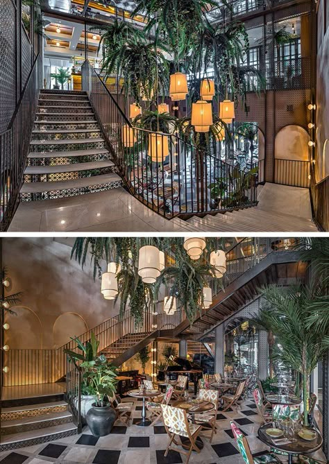 Modern Cuban Interior Design, Restaurant Staircase Design, Cuba Interior Design, Cuban Interior Design, Staircase Restaurant, Public Restaurant, Bar Interior, Bar Design Restaurant, Cafe Interior Design