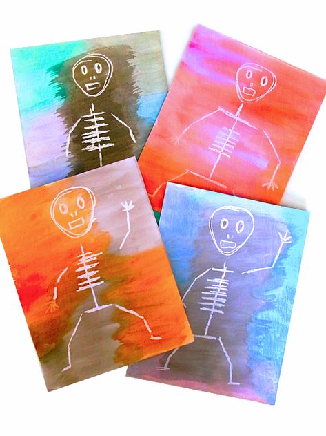 Crayon Resist Watercolor Skeleton Craft Skeleton Craft Preschool, Crayon Resist Watercolor, Watercolor Skeleton, Craft For Halloween, Skeleton Craft, Ghost Crafts, Craft Halloween, Monster Crafts, Masks Crafts