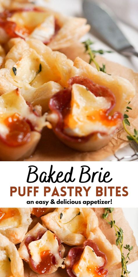 Brie Prosciutto Bites, Bri Bites Puff Pastries, Easy Recipes With Brie Cheese, Brie Appetizers Easy, Brie Prosciutto Puff Pastry, Baked Bree Appetizers, Puffy Pastry Appetizers, Brie Cheese Recipes Puff Pastries, Puff Pastry Brie Bites