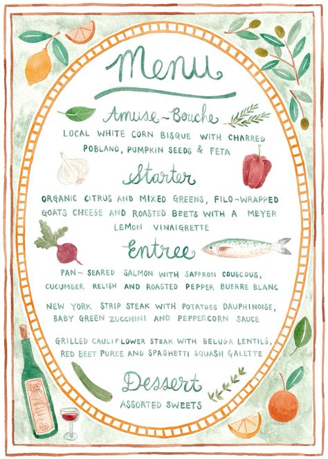 Unique custom watercolour menu. Hand painted with your menu and ingredients. Unique wedding stationery. Watercolor Wedding Menu Card, Illustrated Menu Wedding, Hand Painted Menu Cards, Unique Menu Card, Family Dinner Wedding, Watercolor Menu Wedding, Wedding Menu Illustration, Illustrated Menu Design, Birthday Menu Design