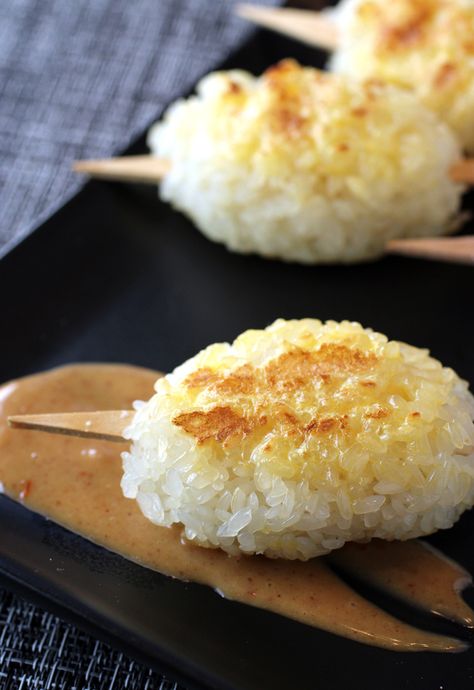 The Fun of Grilled Sticky Rice Skewers with Peanut Sauce | Food Gal Peanut Dipping Sauces, Cold Noodles, Edible Seeds, Butter Rice, Spicy Peanuts, Red Rice, Chili Garlic Sauce, Sticky Rice, Dried Apricots