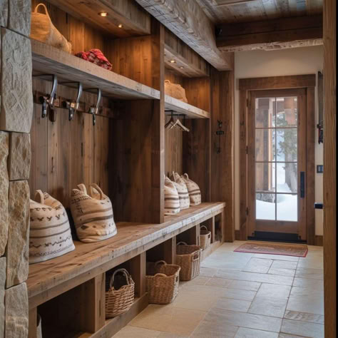 40 Mudrooms: Creating a Welcoming Atmosphere with French Country Charm Country Entrance Ideas, Cabin Mud Room Ideas, Cabin Mudroom Ideas Entry Ways, House Design Wood Interior, Mountain Home Mudroom, Rustic Farmhouse Mudroom, Barndominium Mudroom, Country Mudroom Ideas, Rustic Mudroom Ideas