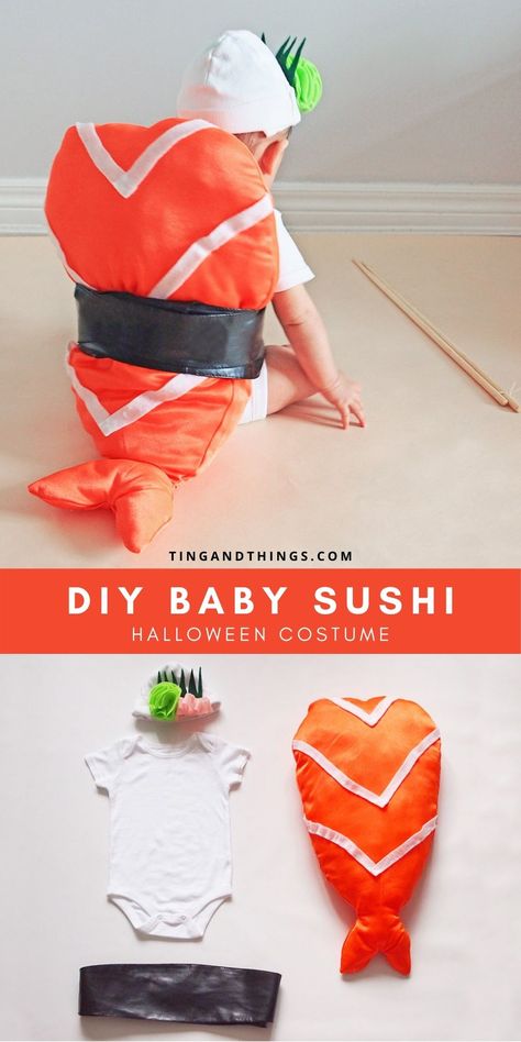 Halloween is around the corner! If you’ve been looking for creative DIY costumes for your kids or baby, here's how to make a cute baby sushi costume. Sewing Halloween Costumes, Sushi Roll Costume Diy, Sushi Roll Costume, Baby Taco Costume, Sushi Costume Diy, Diy Costumes For Kids, Baby Lobster Costume, Dog Sushi Costume, Baby Sushi Costume