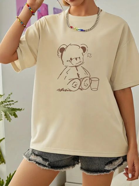 Cute Bear Print Crew Neck T Shirt Casual Loose Short Sleeve Summer T Shirts Tops Womens Clothing - Women's Clothing - Temu Beige Teddy Bear, Oversized Shirt Outfit, Oversized Tee Shirt, Teddy Bear Clothes, Bear Outfits, Big Shirt, Oversized Graphic Tee, Aesthetic Shirts