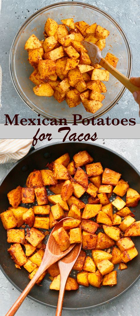 Easy Mexican recipes with potatoes -Amazing Potato Tacos are made with spicy skillet cooked potatoes, quick cilantro lime sauce, pico de gallo and with all the taco fix-ins. Cheesy Potato Tacos, Breakfast Potato Tacos, Spicy Potato Tacos Taco Bell, Vegetarian Potato Tacos, Potatoes For Tacos, Spicy Potatoes Mexican, Potatoes Tacos Recipes, Easy Potato Tacos, Loaded Fiesta Potatoes